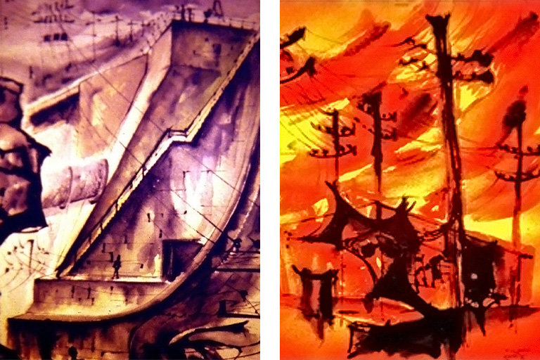 A collage of brightly coloured landscape illustrations